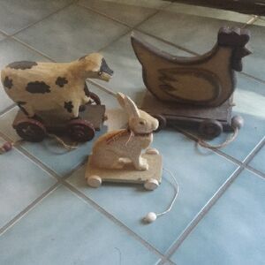 Wooden Animal Pull Toys Set - Cow, Chicken, Rabbit
